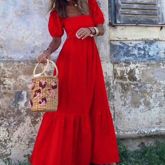 Red Casual Women's Solid Color Square Neck Short Sleeve Dress - Picture 4 of 4